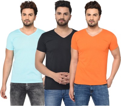 Adorbs Solid Men V Neck Light Blue, Black, Orange T-Shirt