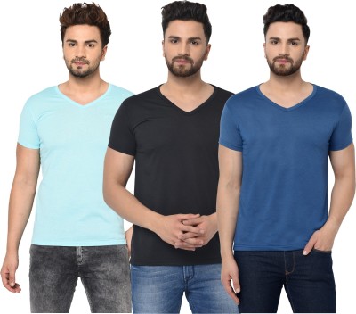 Jaskart Solid Men V Neck Light Blue, Blue, Black T-Shirt