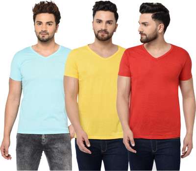 Jaskart Solid Men V Neck Light Blue, Red, Yellow T-Shirt