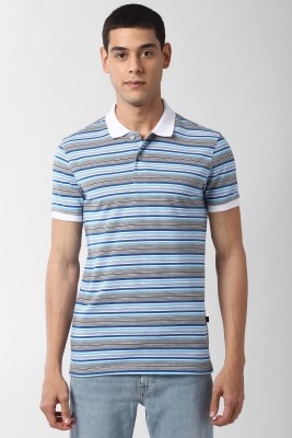 PETER ENGLAND Striped Men Polo Neck Blue T-Shirt