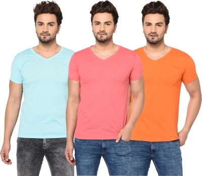 Adorbs Solid Men V Neck Light Blue, Pink, Orange T-Shirt