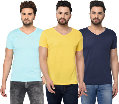 Adorbs Solid Men V Neck Dark Blue, Light Blue, Yellow T-Shirt