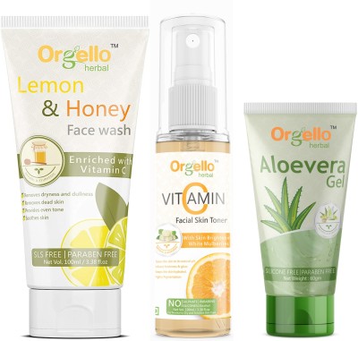 orgello Herbal Skin care combo products kit pack - Lemon & Honey Face Wash (1 X 100 ml) + Vitamin C Facial Toner (1 x 100 ml ) + Aloevera Gel for Face & Hair (1 x 60 gm) - for men women girls boys normal oily dry skin sls paraben mineral oil free pack of 3(3 Items in the set)