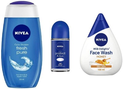 NIVEA Shower Gel Fresh Pure 250 ML , Protect & Care Roll On 50 Ml , Milk Delight Saffron Face Wash 100 Ml 375(3 Items in the set)
