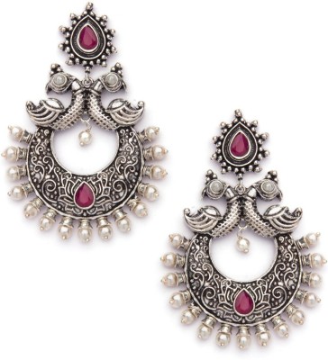 RUBANS Oxidised Silver Toned Faux Ruby Studded Embellished With Pearls Peacock Chandbali Earrings Alloy Drops & Danglers