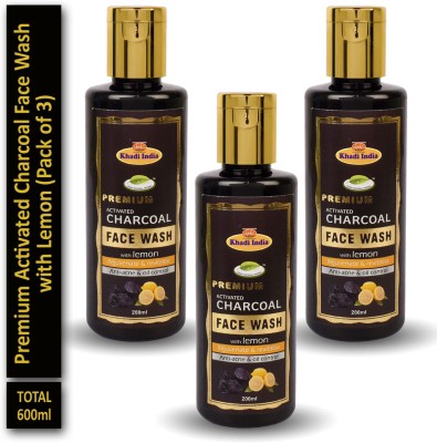khadi natural herbal Premium Activated Charcoal  with Lemon (Pack of 3) Face Wash(600 ml)