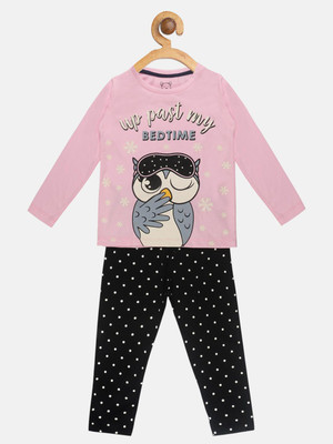 Lazy Shark Kids Nightwear Girls Printed Cotton Blend(Pink Pack of 1)