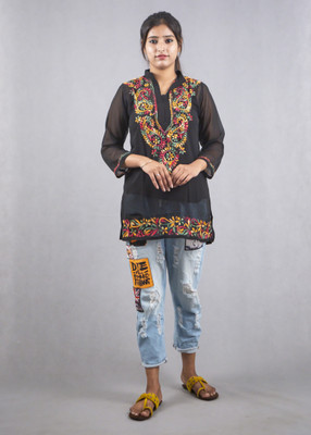 Bowden & Cahill Women Chikan Embroidery Straight Kurta(Black)