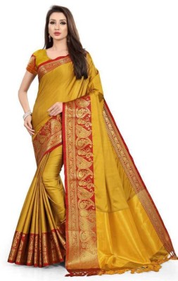 SHARIRI Paisley Dharmavaram Cotton Silk Saree(Yellow)