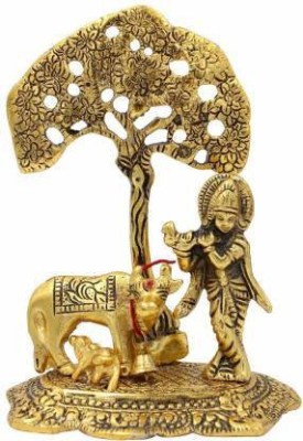 RVART Krishna with Cow Standing Under Tree Plying Flute Decorative Showpiece Decorative Showpiece  -  17 cm(Aluminium, Metal, Gold)