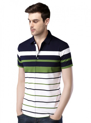 Eyebogler Striped Men Polo Neck White T-Shirt