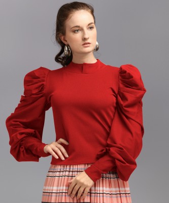 DL Fashion Casual Full Sleeve Solid Women Red Top