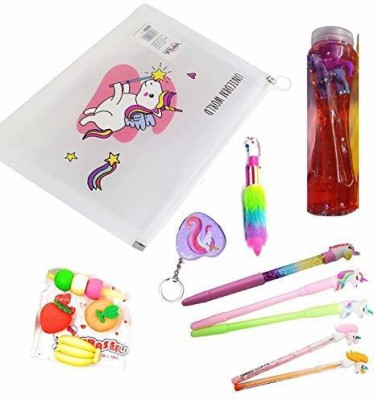 FATFISH Pack of 10 Unicorn File Folder/1 6in1 Unicorn Pen/1 Unicorn Water Gel Pen/2 LED Pencils/One Fruit Eraser/1 Unicorn Slime/1 Unicorn Key Ring Perfect for Gifts