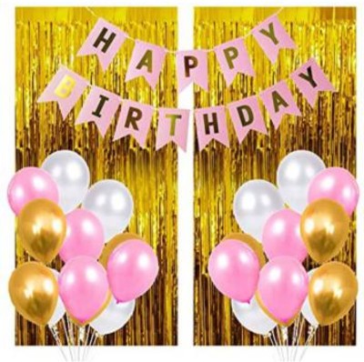 Acril Solid Happy Birthday Banner Balloon(Pink, Gold, White, Pack of 33)