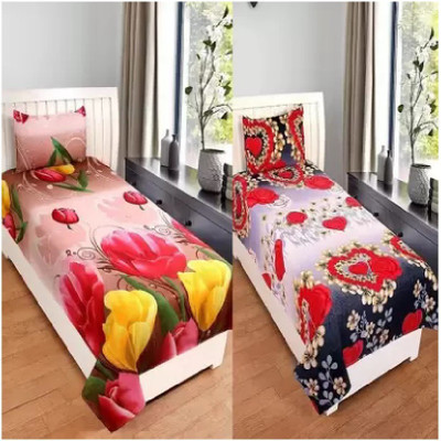 Decor Home Readiness 140 TC Polycotton Single 3D Printed Flat Bedsheet(Pack of 2, Multicolor)