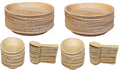 Leaf Tree Pack of 150 Wood Naturals Areca Leaf Disposable Plate ,Bowl and Spoon Dinner Set(Beige)