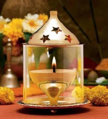 Handicraft Hub Akhand Diya Decorative Brass & Glass Oil Lamp Tea Light Holder Lantern, Cylinderical Shaped 6 inch Diya Lantern (Gold and White) Brass Table Diya(Height: 5 inch)