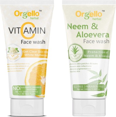 orgello Herbal Vitamin C  (100 ml ) + Neem And Aloe Vera  ( 100 ml ) - Pack Of 2 - for men women girls boys normal oily dry skin sls paraben mineral oil free Face Wash(200 g)