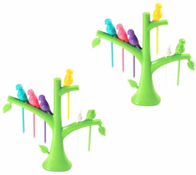 RC Gift PLASTIC BIRD FORK SET WITH TREE SHAPE HOLDER RACK & 6 Bird Plastic Fork Disposable Plastic Salad Fork, Fruit Fork Set(Pack of 2)