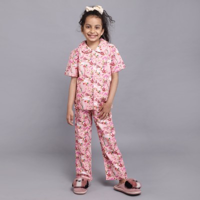 Ninos Dreams Kids Nightwear Girls Printed Cotton Blend(Pink Pack of 1)