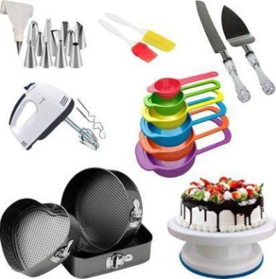 VVG TRADERS All in one cake combo Electric Hand Blender With 6 Pcs Measuring Spoon cup,3 Shape cake Mould, cake Turn table,12 Pcs Cake Nozzle ,2 Pcs Cake Crystal Knife, Silicone Oil Brush and Spatula Kitchen Tool Set (Multicolor) Kitchen Tool Set(Spatula, Baking Tools, Brush)