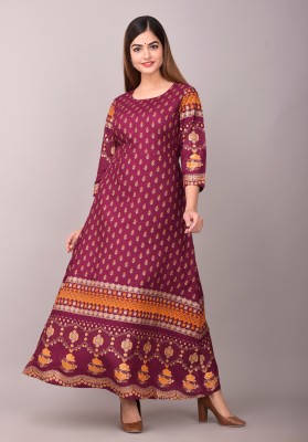 Royansh Women Printed Anarkali Kurta(Purple, Gold)