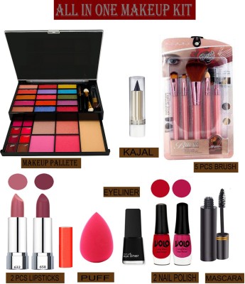 Volo 14 In 1 Makaeup Kit With Lipstick, Nail Polish, Mascara, Eyeliner, Makeup Brush, Kajal And Puff Women Gift Set Makeup Kit 26F21A27(Pack of 14)