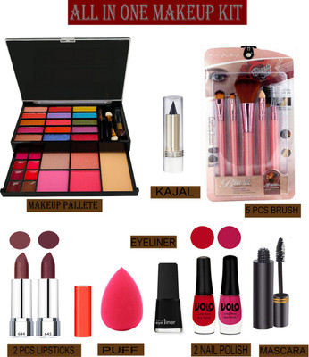 Volo 14 In 1 Makaeup Kit With Lipstick, Nail Polish, Mascara, Eyeliner, Makeup Brush, Kajal And Puff Women Gift Set Makeup Kit 26F21A81(Pack of 14)