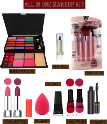 Volo 14 In 1 Makaeup Kit With Lipstick, Nail Polish, Mascara, Eyeliner, Makeup Brush, Kajal And Puff Women Gift Set Makeup Kit 26F21A72(Pack of 14)