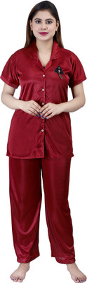 Orchid collection Women Solid Maroon Shirt & Pyjama set