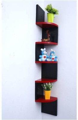 Alluringwood ® wooden zig zag corner wall shelf Wooden Wall Shelf(Number of Shelves - 5, Black, Red)