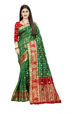 SHREE NATH CREATION Woven Kanjivaram Cotton Silk Saree(Dark Green)