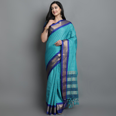 GLOWMOROUS Checkered Bollywood Pure Cotton Saree(Light Blue)