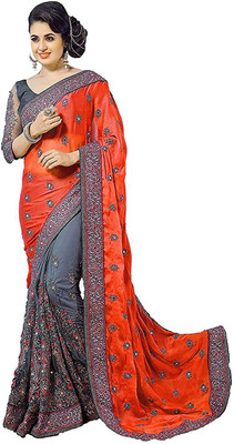 less than three Embroidered Bollywood Silk Blend, Net Saree(Orange)