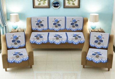 croox Cotton Floral Sofa Cover(Blue, White Pack of 6)