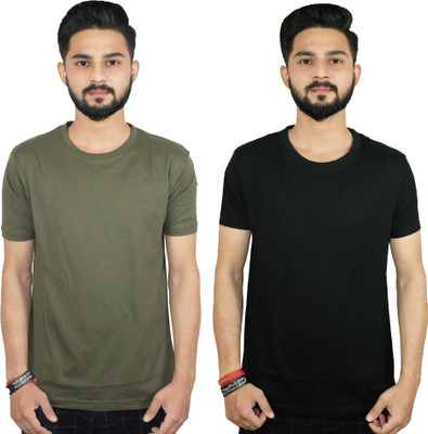 Printsta Solid Men Round Neck Green, Black T-Shirt