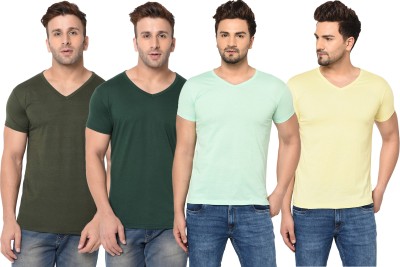 Jaskart Solid Men V Neck Multicolor T-Shirt(Pack of 4)