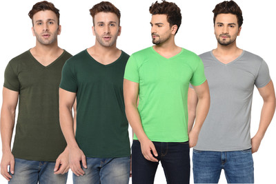 Adorbs Solid Men V Neck Dark Green, Green, Grey T-Shirt