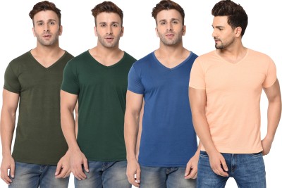 Jangoboy Solid Men V Neck Dark Blue, Dark Green, Orange T-Shirt