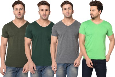 Tivy Solid Men V Neck Dark Green, Green, Grey T-Shirt