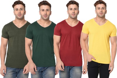 Tivy Solid Men V Neck Dark Green, Maroon, Yellow T-Shirt