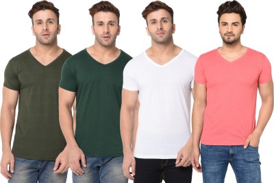 Adorbs Solid Men V Neck Dark Green, White, Pink T-Shirt