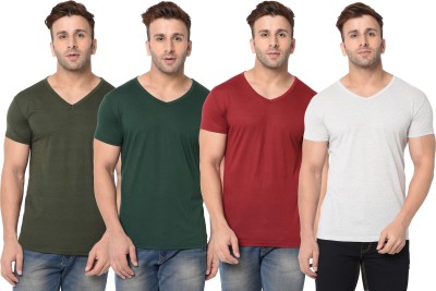 Tivy Solid Men V Neck Dark Green, White, Maroon T-Shirt