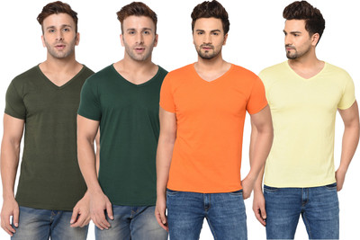 Adorbs Solid Men V Neck Green, Orange, Yellow T-Shirt
