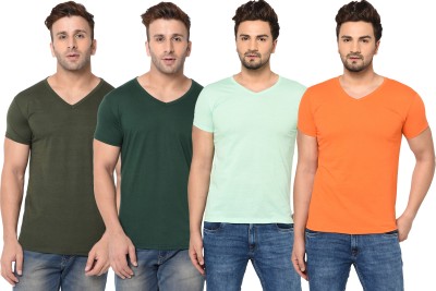 Jaskart Solid Men V Neck Multicolor T-Shirt(Pack of 4)