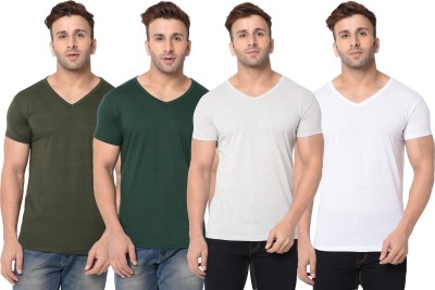 Jaskart Solid Men V Neck Dark Green, White, Grey T-Shirt