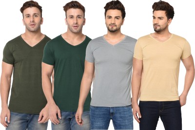 Adorbs Solid Men V Neck Dark Green, Beige, Grey T-Shirt