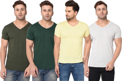 Jangoboy Solid Men V Neck Dark Green, Grey, Yellow T-Shirt