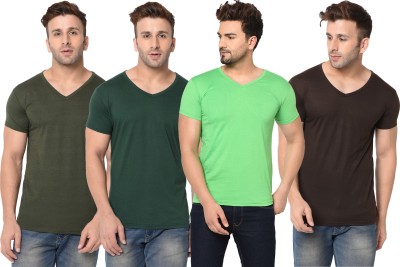 Tivy Solid Men V Neck Dark Green, Brown, Light Green T-Shirt