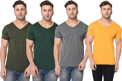 Tivy Solid Men V Neck Dark Green, Grey, Yellow T-Shirt